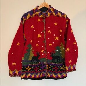 Newari Cowichan Wool Cardigan Sweater Hand Knit in Nepal Deer Trees Stars S/M